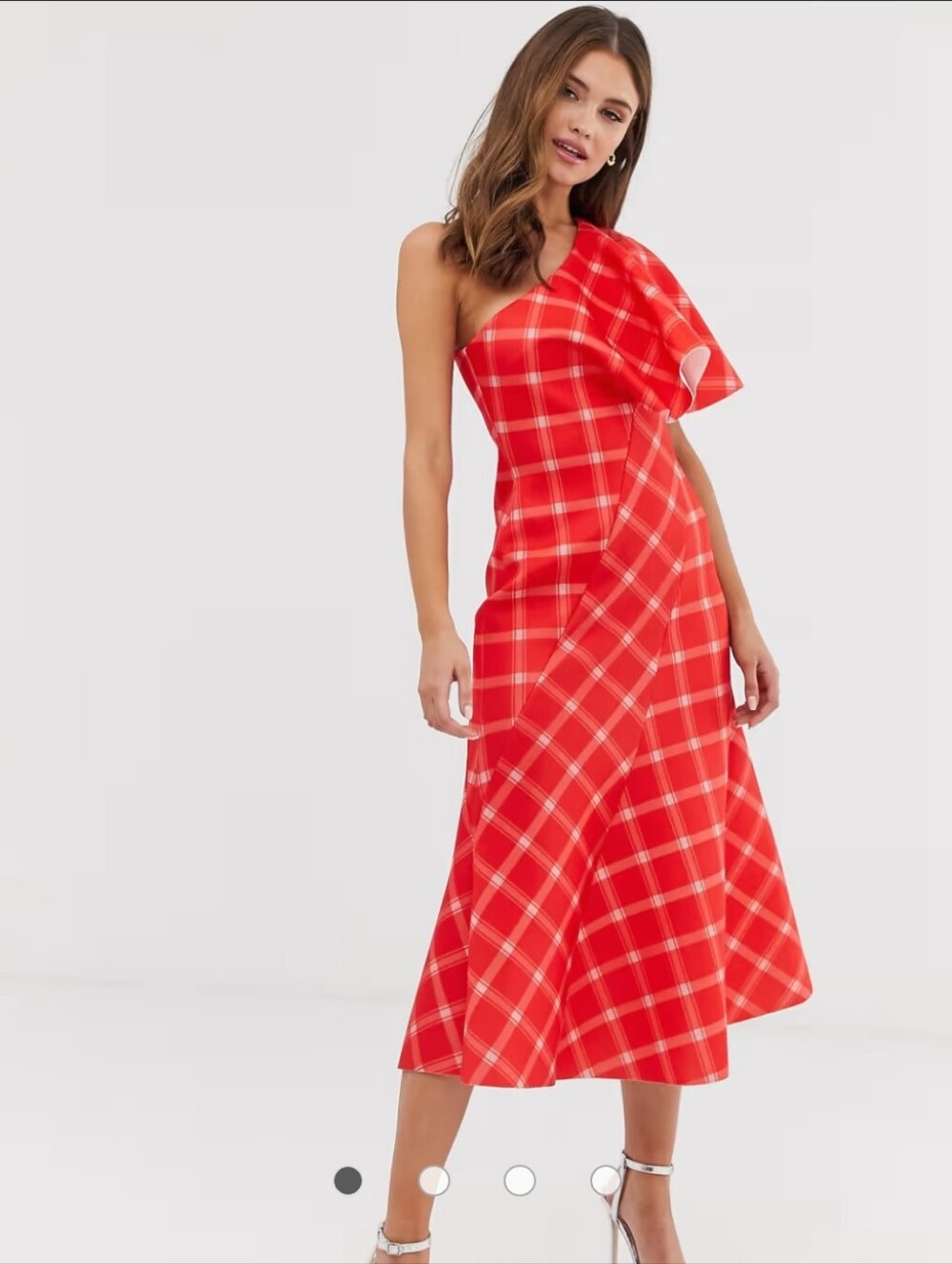 Asos One-Shoulder Red Plaid Midi Dress